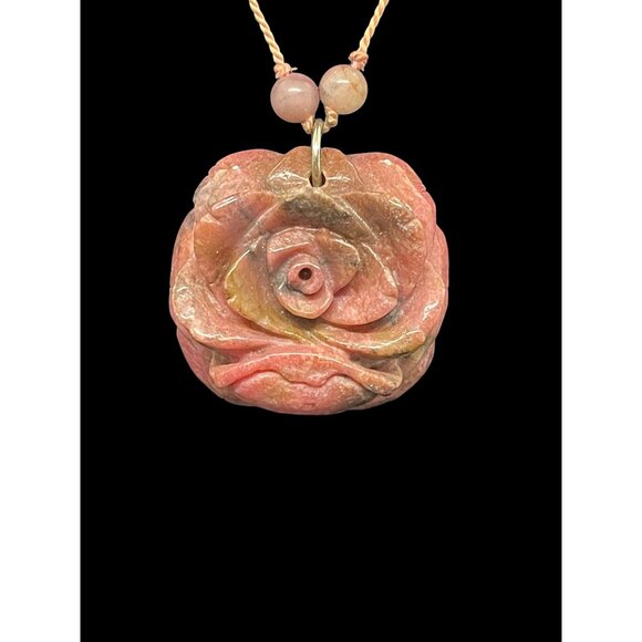 Vintage Rhodonite Carved Pink Flower Rose Agate Knotted Necklace 16”L - Picture 2 of 8